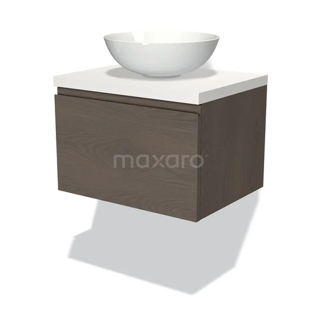 Badmöbel für Waschtischunterschrank mit Konsole 60cm Modulo Plato dunkelbraune Eiche 1 Schublade grifflos Matt Weiß Platte BMK11-01824 Hängendes Badezimmermöbel in Holzoptik mit weißem, komformenten Waschbecken, modernes Design für stilvolle Bäder.