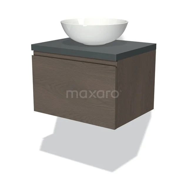 Modulo Plato Badmöbel mit Aufsatzwaschbecken | 60 cm Dunkelbraune Eiche Grifflos front Dunkelgrau blatt 1 Schublade BMK11-01825 Holz-Badmöbel mit grauer Oberplatte und weißem keramischen Aufsatzwaschbecken, modernes Design passend für jeden Badezimmerstil.