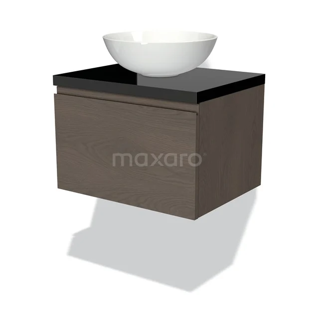 Holz-Badmöbel mit dunkelblauem Glas-Oberblatt und weißem rundem Aufsatzwaschbecken, modernes Design für stilvolle Bäder.