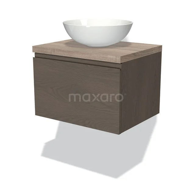 Modulo Plato Badmöbel mit Aufsatzwaschbecken | 60 cm Dunkelbraune Eiche Grifflos front Eiche blatt 1 Schublade BMK11-01827 Holz Badezimmermöbel mit Schublade, Wandmontage und weißem keramischen Aufsatzwaschbecken, modernes Design mit natürlichem Erscheinungsbild.