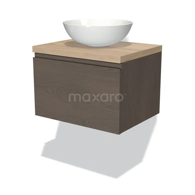 Wandhängendes Badezimmermöbel mit Holzoptik, Eichen Platte und weißem rundem Aufsatzwaschbecken, modernes Design für ein stilvolles Badezimmer.