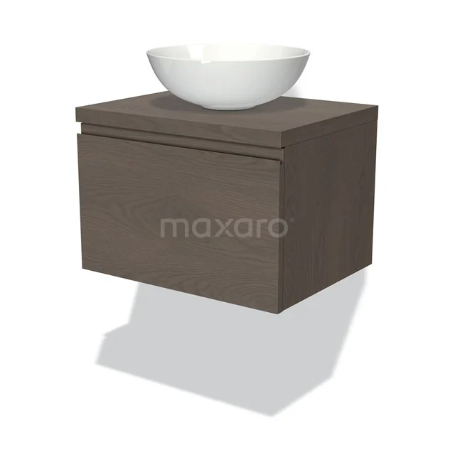 Modulo Plato Badmöbel mit Aufsatzwaschbecken | 60 cm Dunkelbraune Eiche Grifflos front Dunkelbraune Eiche blatt 1 Schublade BMK11-01831 Wandhängendes Holz-Badmöbel mit Schublade, in Eichenoptik, kombiniert mit einem weißen runden Aufsatzwaschbecken für das Badezimmer.