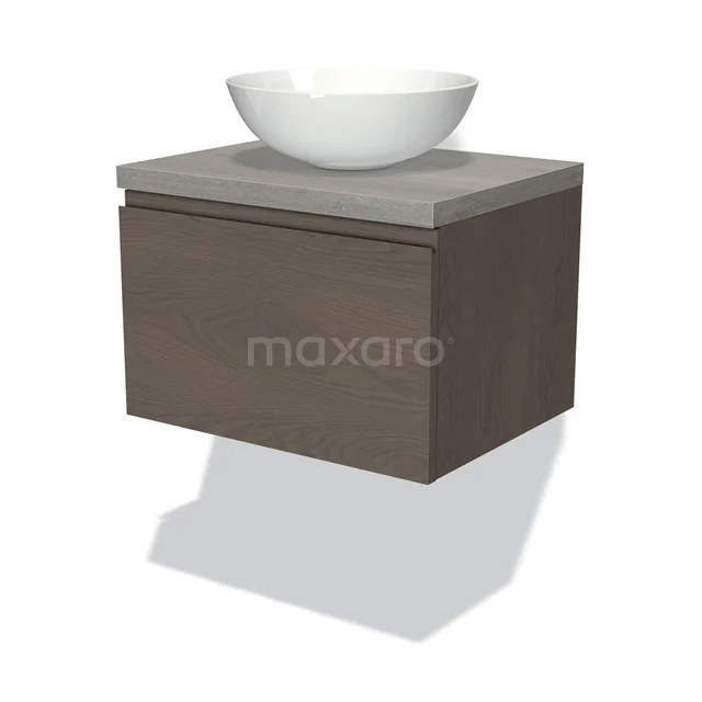 Holz-Badmöbel mit grauer Waschtischplatte, weißem Aufsatzwaschbecken und modernem Design, perfekt für ein stilvolles Badezimmer.