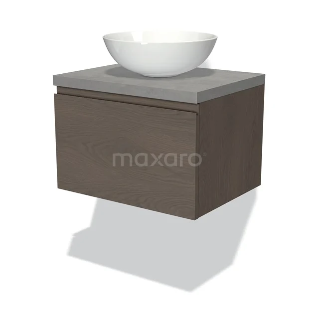 Badmöbel für Aufsatzwaschbecken 60cm Modulo Plato dunkelbraune Eiche 1 Schublade grifflos hellgrauer Beton Platte BMK11-01833 Wandmöbel Holzoptik mit keramischem Aufsatzwaschbecken, graue Oberplatte, ideal für zeitgemäße Badezimmergestaltung.