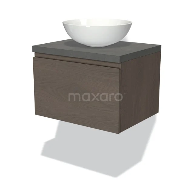 Badmöbel für Aufsatzwaschbecken 60cm Modulo Plato Dunkelbraune Eiche 1 Schublade Grifflos Dunkelgrauer Beton Platte BMK11-01834 Wandhängendes Badezimmermöbel Holzoptik mit grauer Platte und weißem Becken, modernes Design.