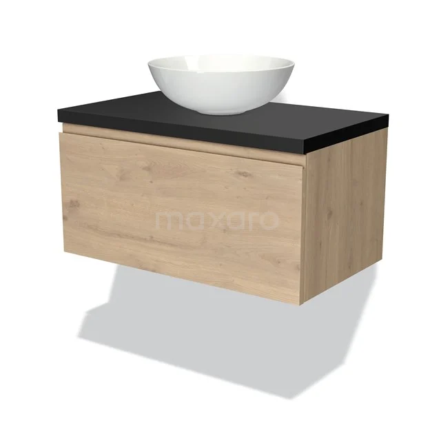 Holz schwebendes Badezimmermöbel mit schwarzer Oberseite und rundem weißen Aufsatzwaschbecken, moderner Stil und kompaktes Design.