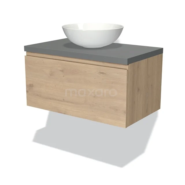 Holz Badezimmermöbel mit Grau Platte und weißen Aufsatzwaschbecken, modernes schwebendes Design aus natürlichem Eichenholz.