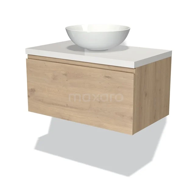 Holz Badezimmermöbel mit weißem Aufsatzwaschbecken, hängendes Design, natürliche Eichenfurnier, geeignet für moderne Badezimmerinterieurs.