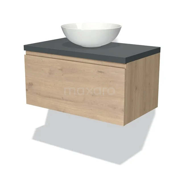 Holz Badmöbel mit Natursteine Platte und rundes Waschbecken, modernes hängendes Design, ideal für ein stilvolles Badezimmer.