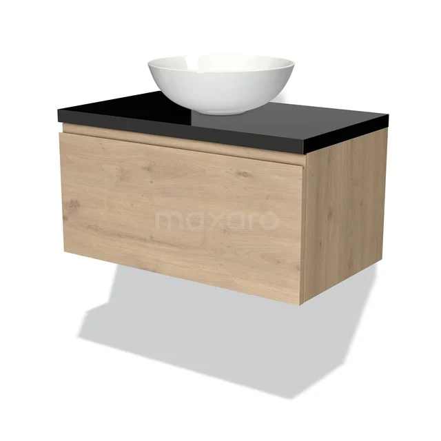 Modulo Plato Vanity units for countertop basin | 80 cm Light brown oak Handle-less front High-gloss black worktop 1 drawer BMK11-01840
