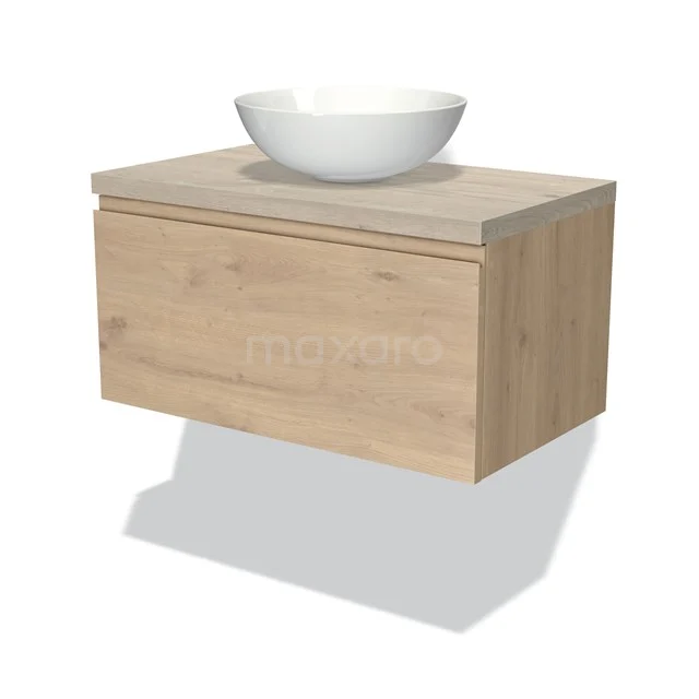 Holz-Badmöbel mit weißem Aufsatzwaschbecken, schwebendes Design, ideal für eine moderne Badezimmer Einrichtung.