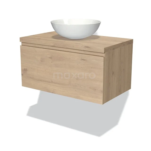 Badmöbel mit Konsole 80cm Modulo Plato Hellbraune Eiche 1 Schublade grifflos BMK11-01843 Holz Badmöbel mit Schublade, schwebendes Design und weißem keramischen Aufsatzwaschbecken; ideal für einen modernen Badezimmer Stil.