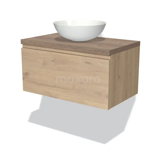 Modulo Plato Badmöbel mit Aufsatzwaschbecken | 80 cm Hellbraune Eiche Grifflos front Mittelbraune Eiche blatt 1 Schublade BMK11-01844 Hängendes Badezimmermöbel aus Eichenholz mit weißem, komforimigen Waschbecken, modernes Design für ein stilvolles Badezimmer.