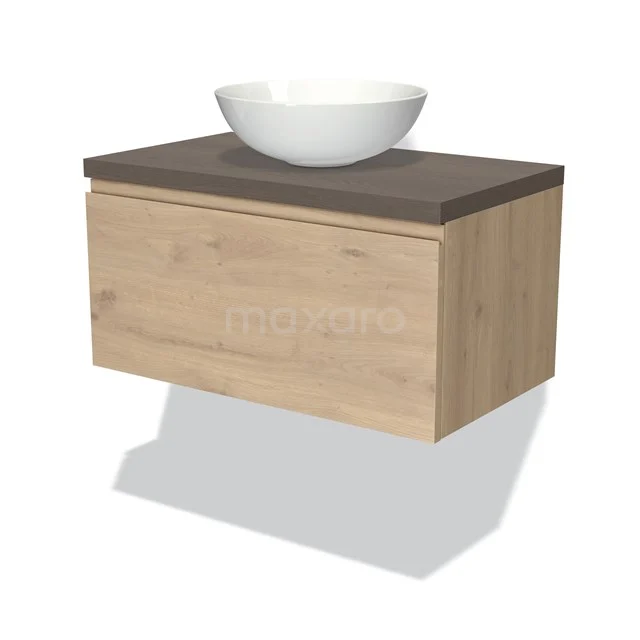 Badmöbel für Waschtischunterschrank mit Konsole 80cm Modulo Plato hellbraune Eiche 1 Schublade grifflos dunkelbraune Eiche Platte BMK11-01845 Zwevend Badmöbel Holzoptik mit keramischem Aufsatzwaschbecken, natürliche Eiche Oberflächenbehandlung und dunkler Platte.