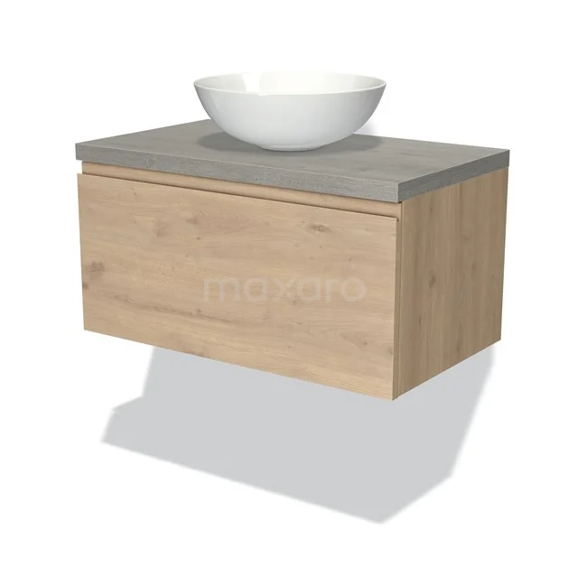 Badmöbel für Waschtischunterschrank mit Konsole 80cm Modulo Plato hellbraune Eiche 1 Schublade grifflos graue Eiche Platte BMK11-01846 Holz-Badmöbel mit Zement-Optik Platte und weißem Aufsatzwaschbecken, schwebendes Design für moderne Badezimmergestaltung.