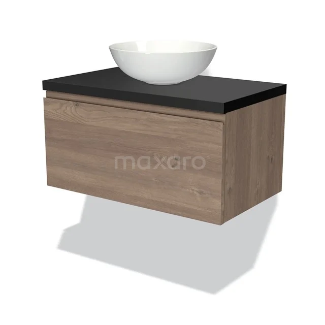 Modulo Plato Vanity units for countertop basin | 80 cm Mid brown oak Handle-less front Matte black worktop 1 drawer BMK11-01849