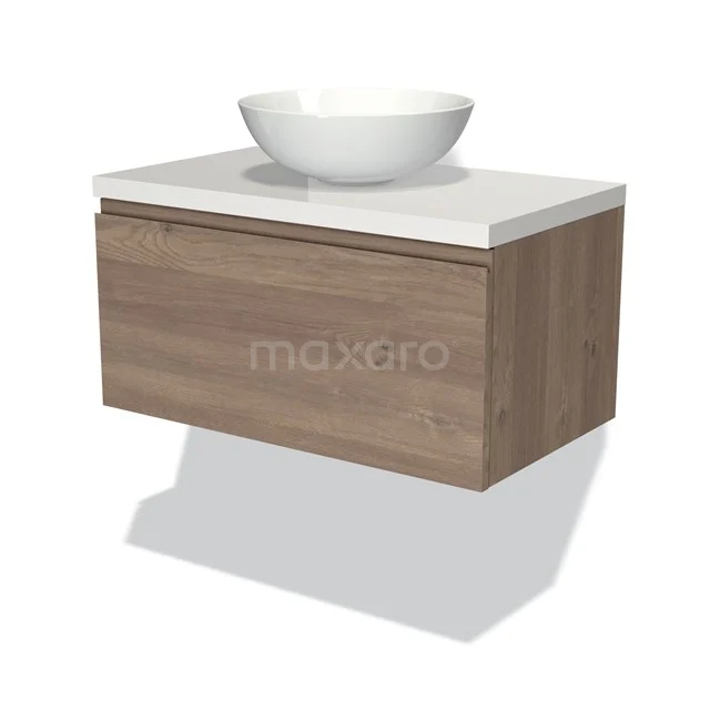 Modulo Plato Vanity units for countertop basin | 80 cm Mid brown oak Handle-less front High-gloss white worktop 1 drawer BMK11-01851