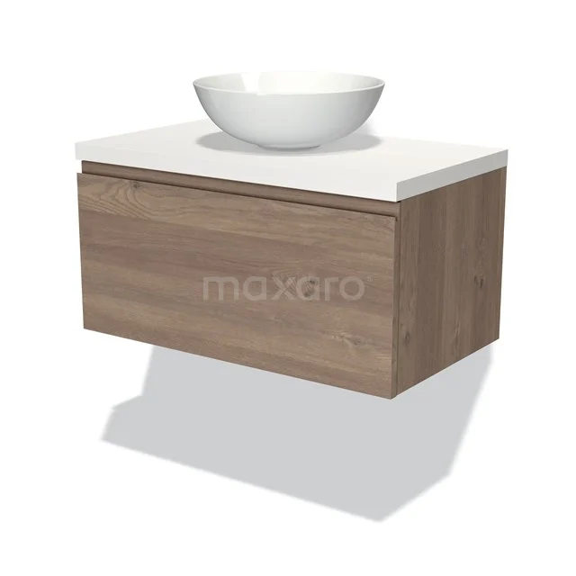 Holz Badezimmermöbel mit weißem Aufsatzwaschbecken, hängendes Design, moderner Eiche-Look, perfekte Kombination aus Stil und Funktionalität.