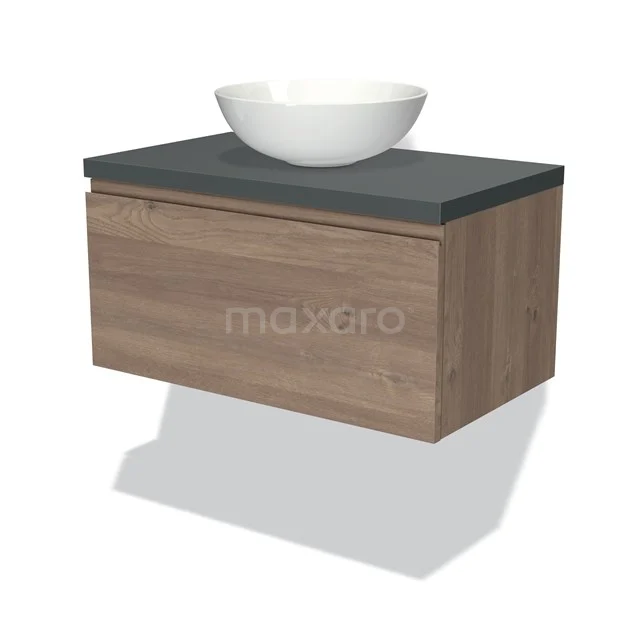 Modulo Plato Vanity units for countertop basin | 80 cm Mid brown oak Handle-less front Dark grey worktop 1 drawer BMK11-01853