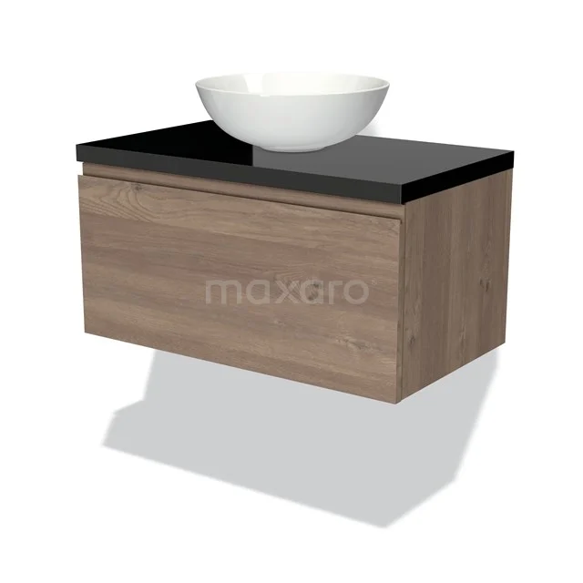 Modulo Plato Vanity units for countertop basin | 80 cm Mid brown oak Handle-less front High-gloss black worktop 1 drawer BMK11-01854