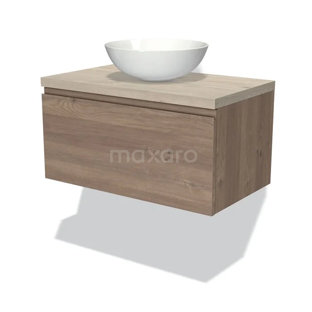 Holz-Badmöbel mit hängendem Design, einschließlich weißem Aufsatzwaschbecken, ideal für eine moderne und stilvolle Badezimmergestaltung.