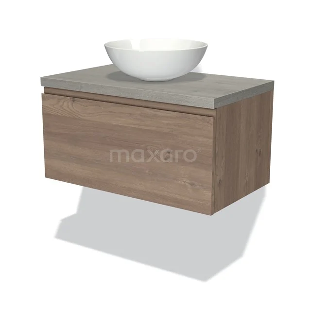 Modulo Plato Vanity units for countertop basin | 80 cm Mid brown oak Handle-less front Grey oak worktop 1 drawer BMK11-01860