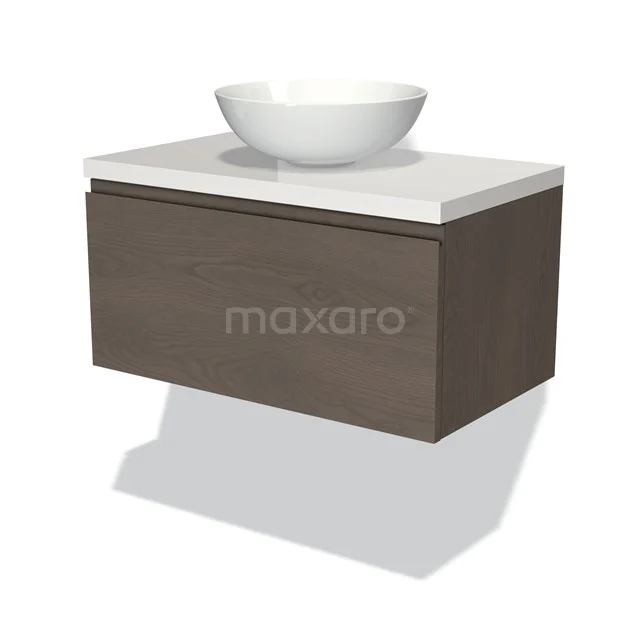 Badmöbel für Waschtischunterschrank mit Konsole 80cm Modulo Plato dunkelbraune Eiche 1 Schublade grifflos Hochglanz Weiß Platte BMK11-01865 Wandhängendes Badmöbel mit weißem Aufsatzwaschbecken, Holzlook-Ladefront und minimalistischem Design, perfekt für moderne Bäder.