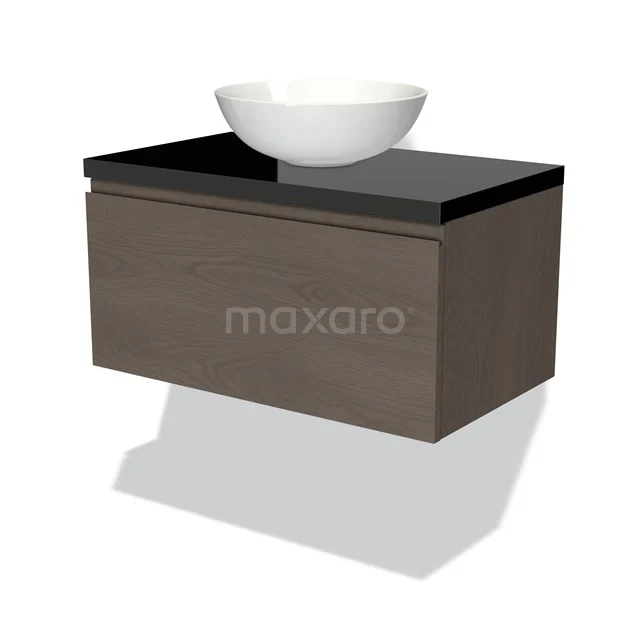 Badmöbel aus dunklem Holz mit weißem, schalenförmigem Waschbecken und schwarzer Glasplatte, modernes Design für stilvolle Bäder.