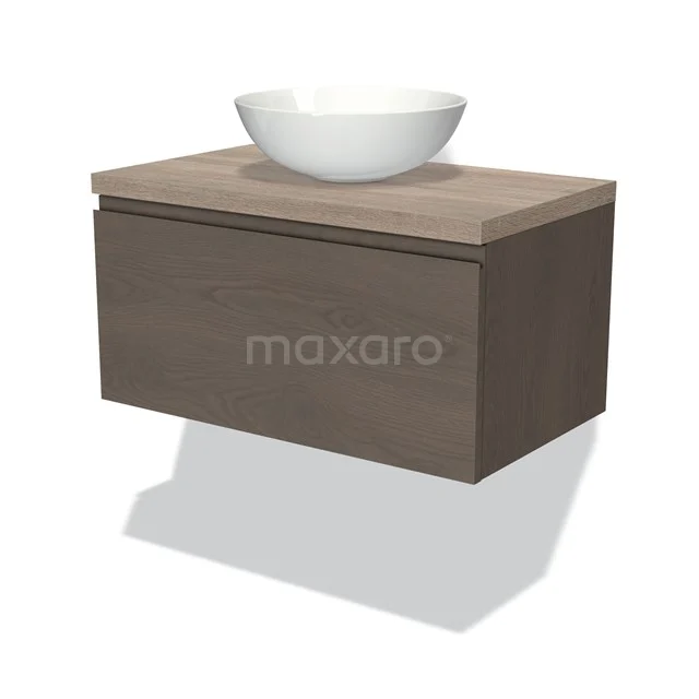 Modulo Plato Badmöbel mit Aufsatzwaschbecken | 80 cm Dunkelbraune Eiche Grifflos front Eiche blatt 1 Schublade BMK11-01869 Holz-Badmöbel mit schwebendem Design und runder weißer Aufsatzwaschbecken, ideal für eine moderne Badezimmergestaltung.