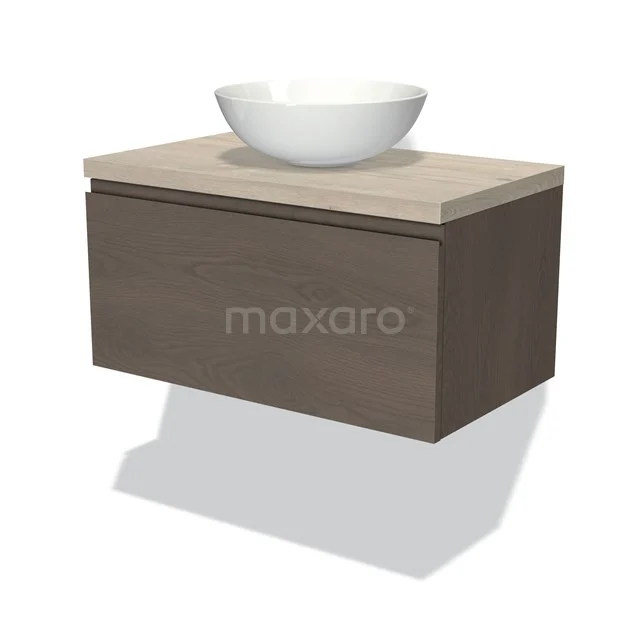 Holz Badmöbel mit Natursteinoptik und einem weißen Aufsatzwaschbecken, modernes schwebendes Design, ideale Ergänzung für jedes Badezimmer.