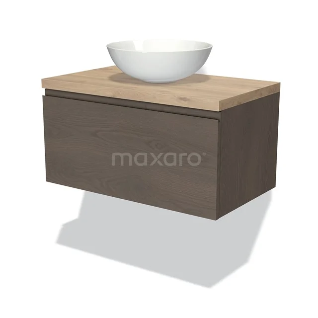 Badmöbel für Waschtischunterschrank mit Konsole 80cm Modulo Plato dunkelbraune Eiche 1 Schublade grifflos hellbraune Eiche Platte BMK11-01871 Hängendes Badmöbel mit Holzoptik, Schublade und weißem keramischen Aufsatzwaschbecken. Modernes Design für kompakte Bäder.