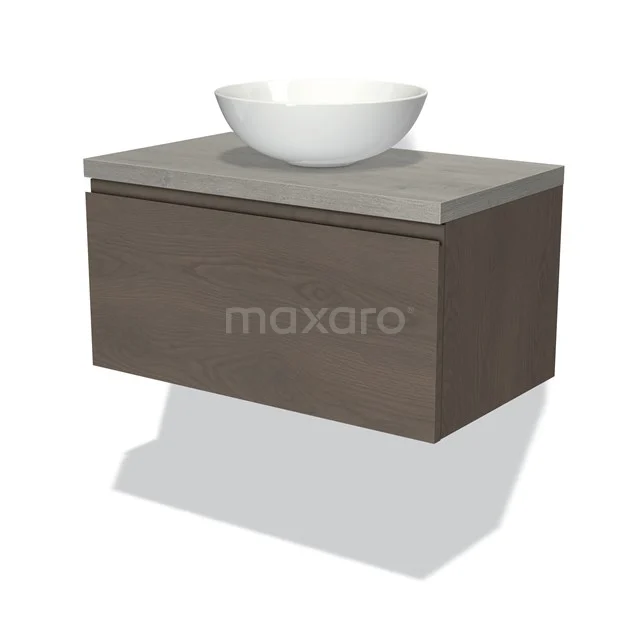 Badmöbel für Waschtischunterschrank mit Konsole 80cm Modulo Plato dunkelbraune Eiche 1 Schublade grifflos graue Eiche Platte BMK11-01874 Holz-Badmöbel mit hängendem Design, graue Platte und weißem Aufsatzwaschbecken, modern und kompakt für kleine Bäder.