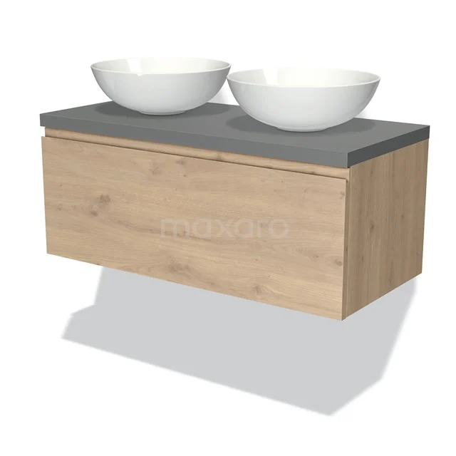 Holz-Badmöbel mit hängendem Design, Doppelwaschbecken und einer grauen Oberplatte, modern und praktisch für jedes Badezimmer.