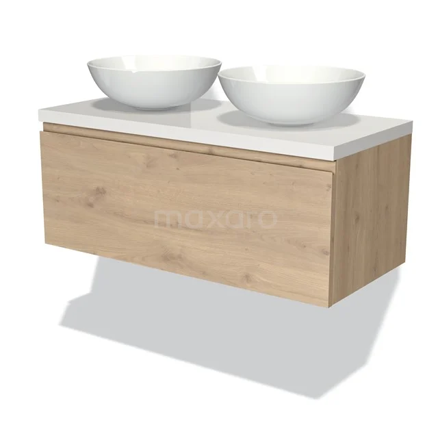 Holz-Badmöbel mit zwei weißen Aufsatzwaschbecken, hängendes Design, modern und minimalistisch, perfekt für jedes Badezimmer.