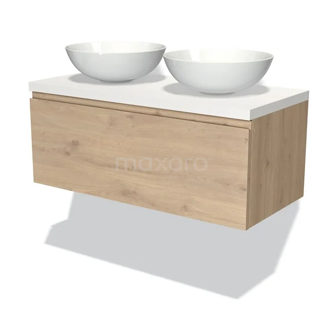 Badmöbel für Aufsatzwaschbecken 100cm Modulo Plato Hellbraune Eiche 1 Schublade Grifflos Matt Weiß Platte BMK11-01880 Holz Badezimmermöbel mit 2 weißen Aufsatzwaschbecken, modernes Design, Serie Oakline, ideal für eine stilvolle Badezimmergestaltung.