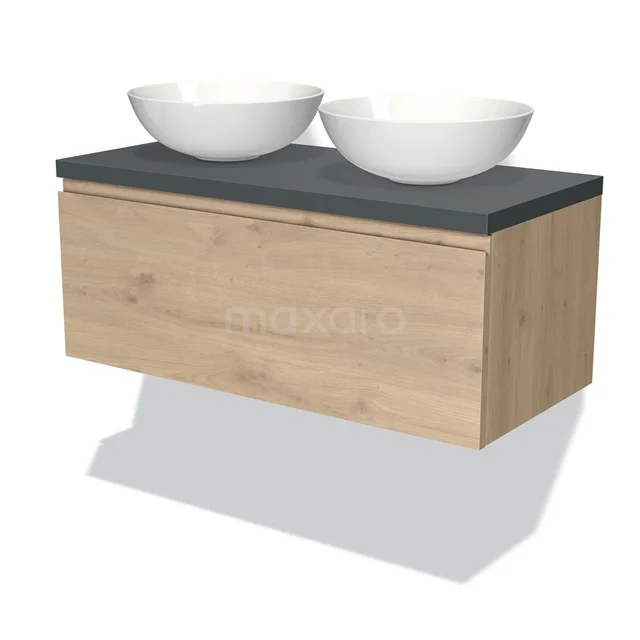 Holz Badmöbel mit grauer Platte und zwei weißen Aufsatzwaschbecken, perfekt für einen modernen Badezimmer Stil.