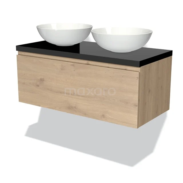 Hölzernes Badezimmermöbel mit schwarzer Platte und zwei weißen Aufsatzwaschbecken, elegantes Design für moderne Bäder.