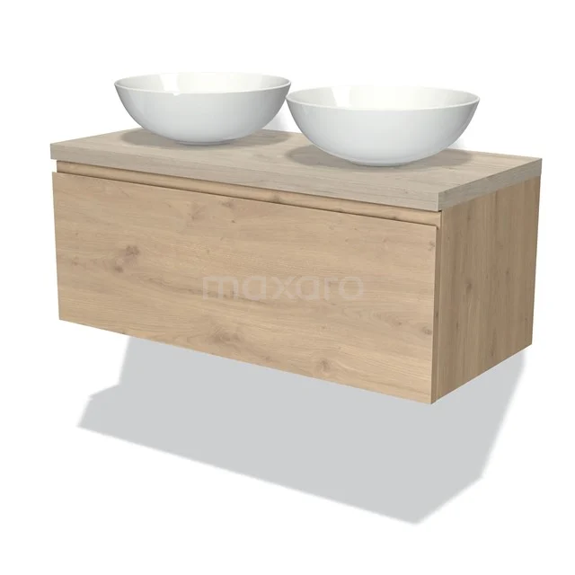 Holz-Badmöbel mit heller Eiche-Oberfläche, ausgestattet mit zwei weißen Aufsatzwaschbecken, modernes Design für stilvolle Bäder.