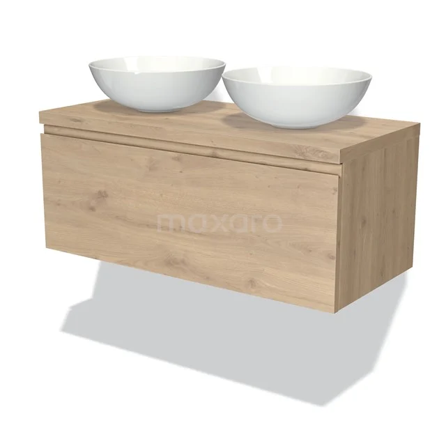 Badmöbel für Aufsatzwaschbecken 100cm Modulo Plato Hellbraune Eiche 1 Schublade grifflos BMK11-01885 Eichenholz Badmöbel mit Schublade, zwei weißen Aufsatzwaschbecken und schwebender Wandmontage. Modernes und minimalistisches Design.