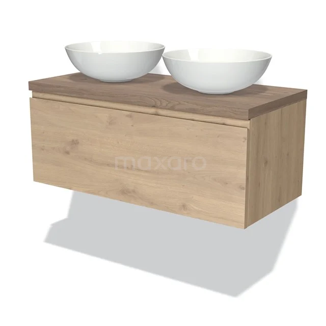 Badmöbel für Waschtischunterschrank mit Konsole 100cm Modulo Plato hellbraune Eiche 1 Schublade grifflos mittelbraune Eiche Platte BMK11-01886 Holz-Badmöbel mit 2 weißen Aufsatzwaschbecken, moderne hängende Ausführung aus Eiche für eine stilvolle Badezimmergestaltung.