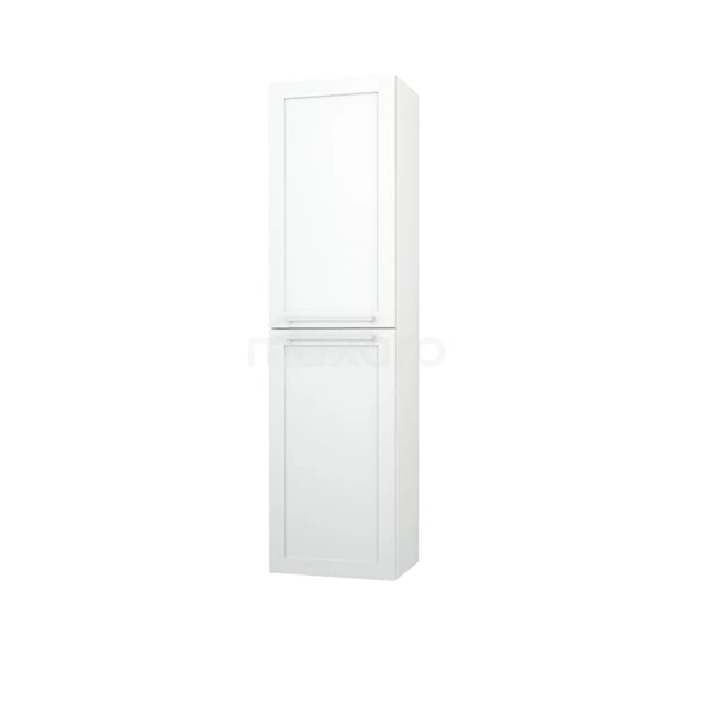 Narrow white bathroom cabinet, tall model with two doors, ideal for compact bathroom storage.