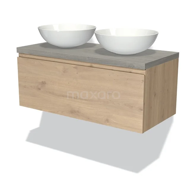 Holz Badezimmermöbel mit schwebender Schublade, Betonlook Platte und zwei weißen Aufsatzwaschbecken für eine moderne Badezimmerausstrahlung.