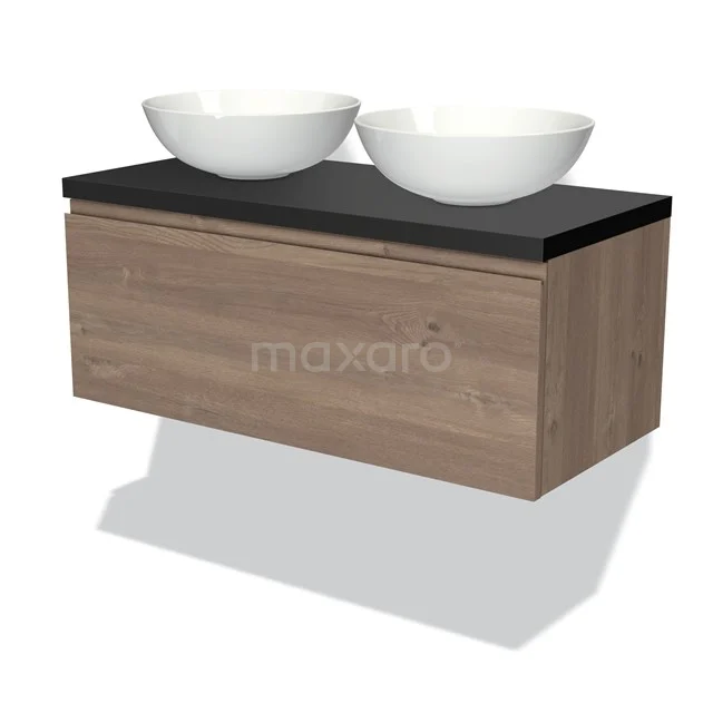 Badmöbel für Aufsatzwaschbecken 100cm Modulo Plato mittelbraune Eiche 1 Schublade grifflos Matt Schwarz Platte BMK11-01891 Hölzernes Badezimmermöbel mit schwarzer Oberseite, zwei weißen Aufsatzwaschbecken; modernes Design für stilvolle Bäder.