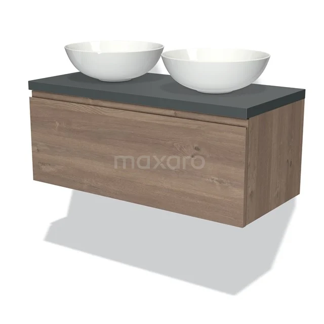 Zwevend badkamermeubel in eikenhout-look met antraciet blad en twee ovalen witte waskommen, ideaal voor een moderne badkamer.
