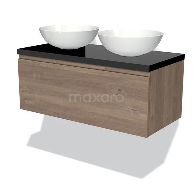 Badmöbel für Aufsatzwaschbecken 100cm Modulo Plato mittelbraune Eiche 1 Schublade grifflos Hochglanz Schwarz Platte BMK11-01896 Holz Badezimmermöbel mit Schwarz Platte und zwei weißen Aufsatzwaschbecken, modernes Design, perfekt für stilvolle Badezimmergestaltung.