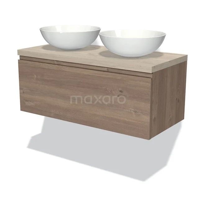 Badezimmermöbel mit Holzoptik, schwebendes Modell, doppelte weiße Aufsatzwaschbecken, modernes Design für stilvolle Badezimmergestaltung.