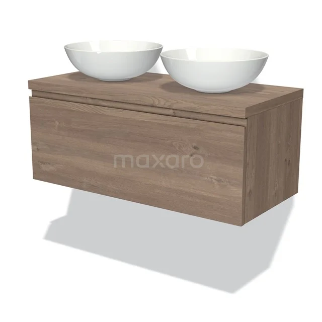 Modulo Plato Badmöbel mit Aufsatzwaschbecken | 100 cm Mittelbraune Eiche Grifflos front Mittelbraune Eiche blatt 1 Schublade BMK11-01900 Holz-Waschtisch mit zwei weißen Aufsatzwaschbecken, schwebendes Design, ideal für eine moderne Badezimmergestaltung.