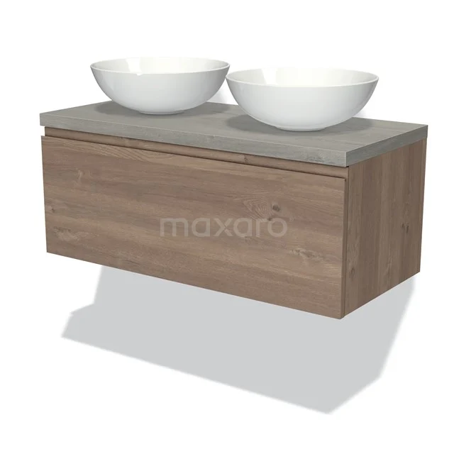 Holz Badezimmermöbel mit Betonlook Platte, ausgestattet mit zwei weißen Aufsatzwaschbecken; modernes und stilvolles Design.