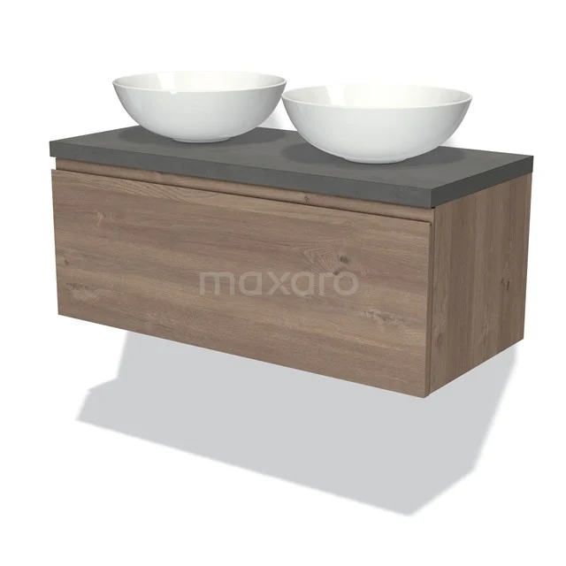 Badkamermeubel houtlook met twee wastafels, grijze stenen blad, modern design, perfect voor een stijlvolle badkamer inrichting.