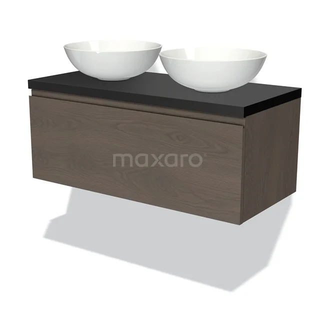 Holz-Badmöbel mit dunkler Platte und zwei weißen Aufsatzwaschbecken, modernes Design, geeignet für stilvolle Bäder.